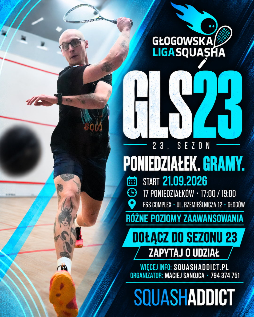 Oficjalny plakat 23. sezonu Głogowskiej Ligi Squasha